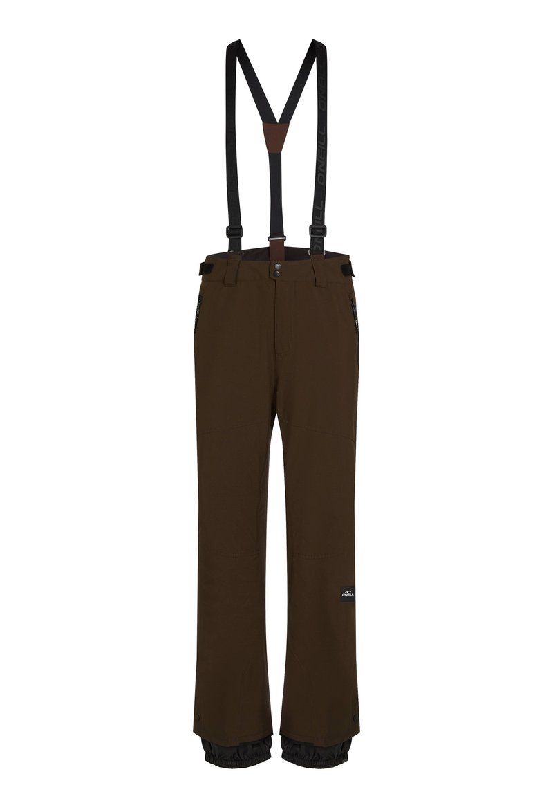 Braune Snowboardhosen mit verstellbaren schwarzen Trägern, Reißverschlusstaschen, verstärkten Säumen und einem Logopatch am Oberschenkel.