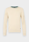 Langärmeliger Pullover in Cremeton mit grün geripptem Kragen und Bündchenakzenten. Glatte Textur, normale Passform, kleines Logo unten links.