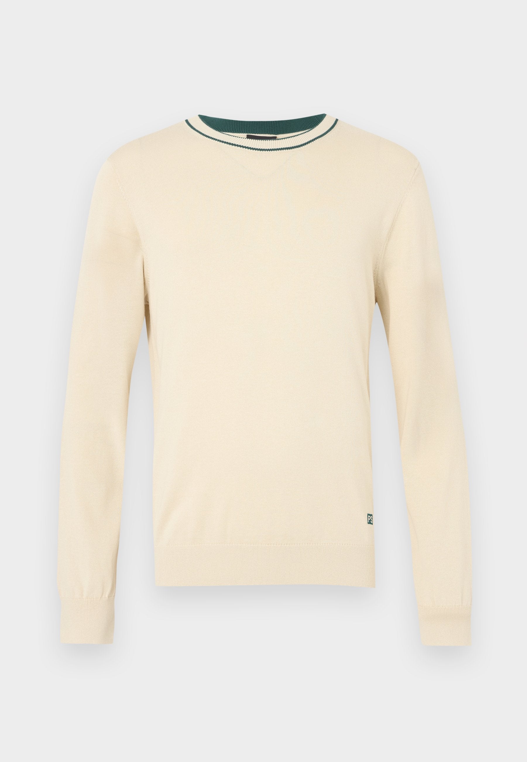 Langärmeliger Pullover in Cremeton mit grün geripptem Kragen und Bündchenakzenten. Glatte Textur, normale Passform, kleines Logo unten links.