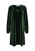 Dunkelgrünes Samtkleid mit langen Puffärmeln, V-Ausschnitt und lockerem Schnitt. Glatte Textur mit minimalen Hardwaredetails.