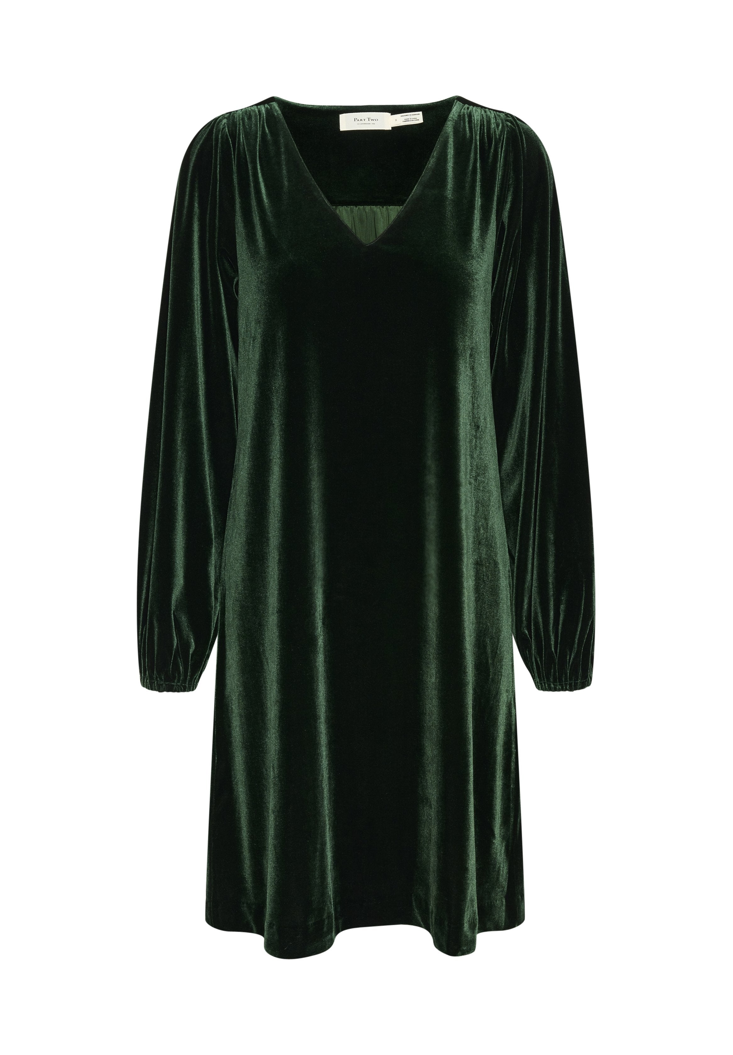 Dunkelgrünes Samtkleid mit langen Puffärmeln, V-Ausschnitt und lockerem Schnitt. Glatte Textur mit minimalen Hardwaredetails.
