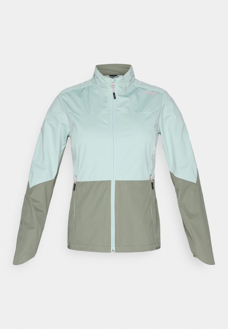 Hellblaues und olivgrünes Softshell-Jacke mit durchgehendem Frontreißverschluss, Reißverschlusstaschen und hohem Kragen, für den Außeneinsatz konzipiert.