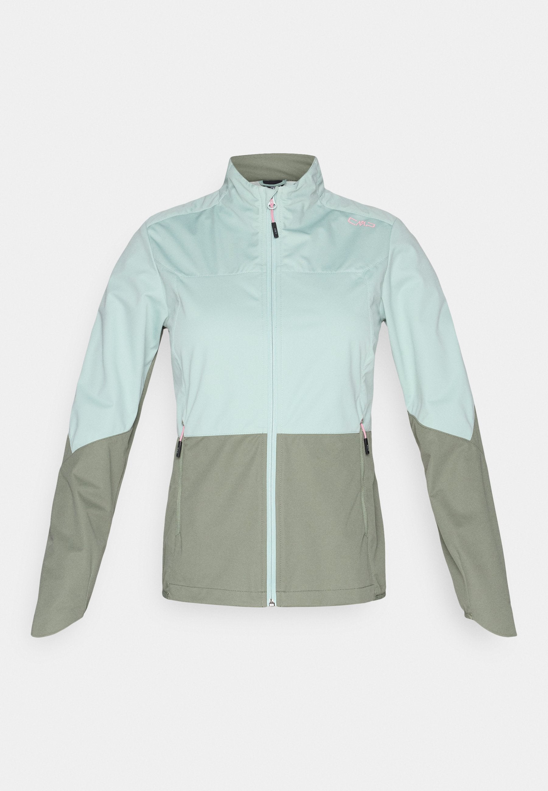Hellblaues und olivgrünes Softshell-Jacke mit durchgehendem Frontreißverschluss, Reißverschlusstaschen und hohem Kragen, für den Außeneinsatz konzipiert.