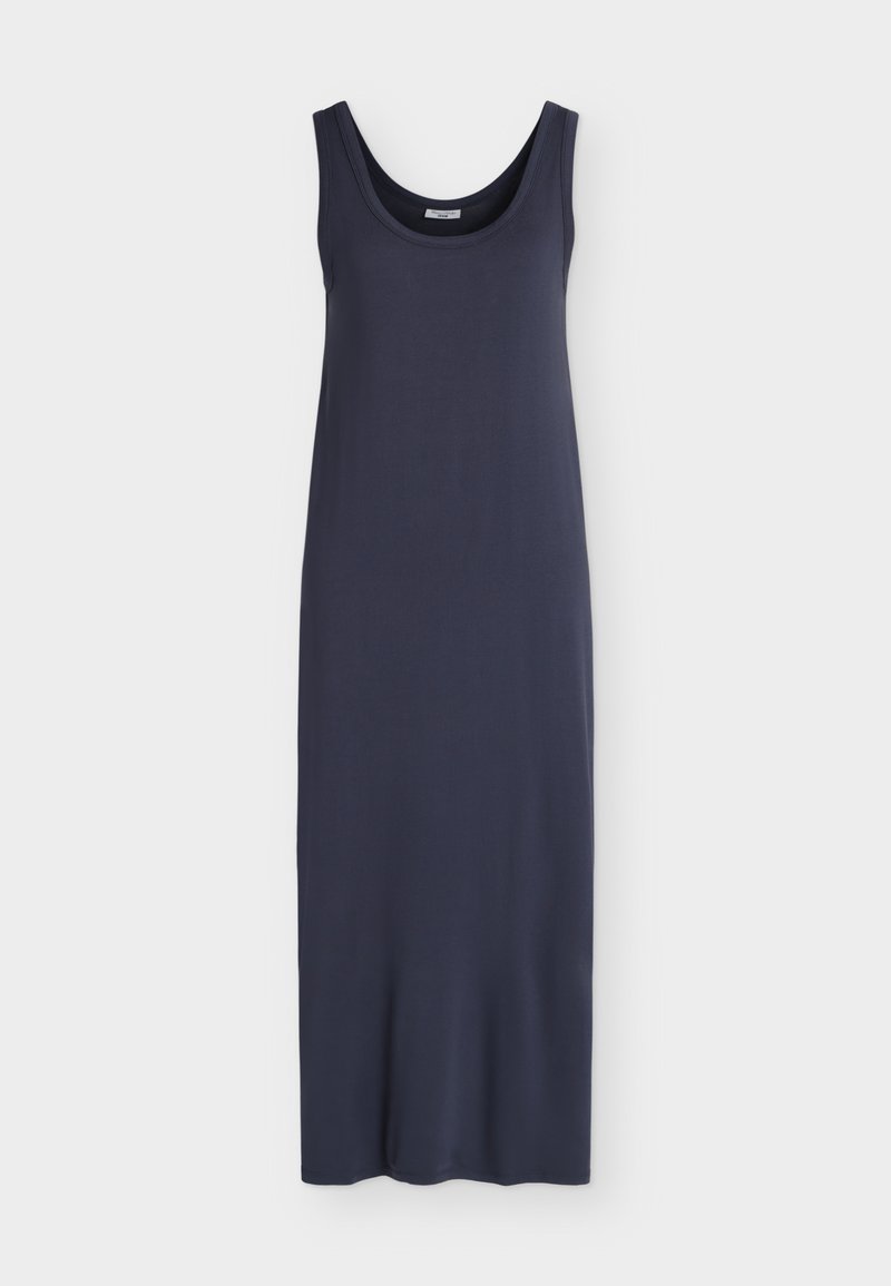 Ärmelloses, dunkelblaues, knöchellanges Kleid mit rundem Ausschnitt und glattem Stoff, präsentiert vor weißem Hintergrund.