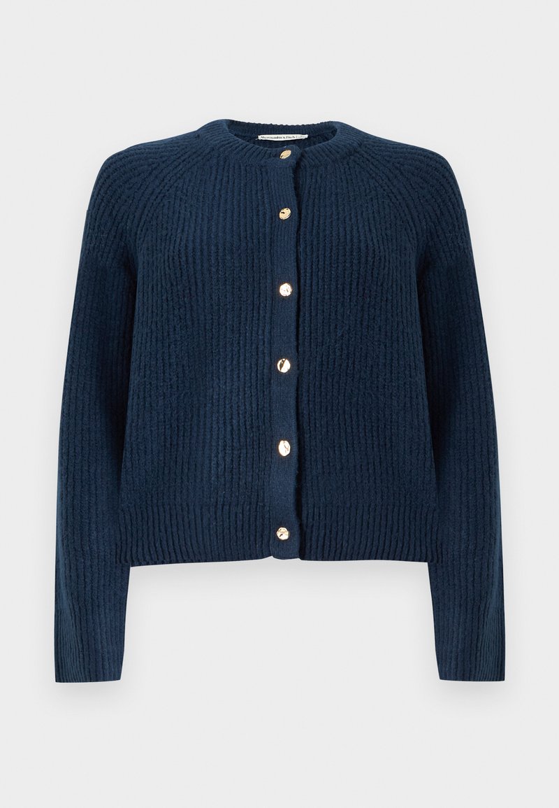 Marineblauer Cardigan aus strukturiertem Stoff, mit rundem Ausschnitt und goldenen Knöpfen vorne. Ärmel in voller Länge.