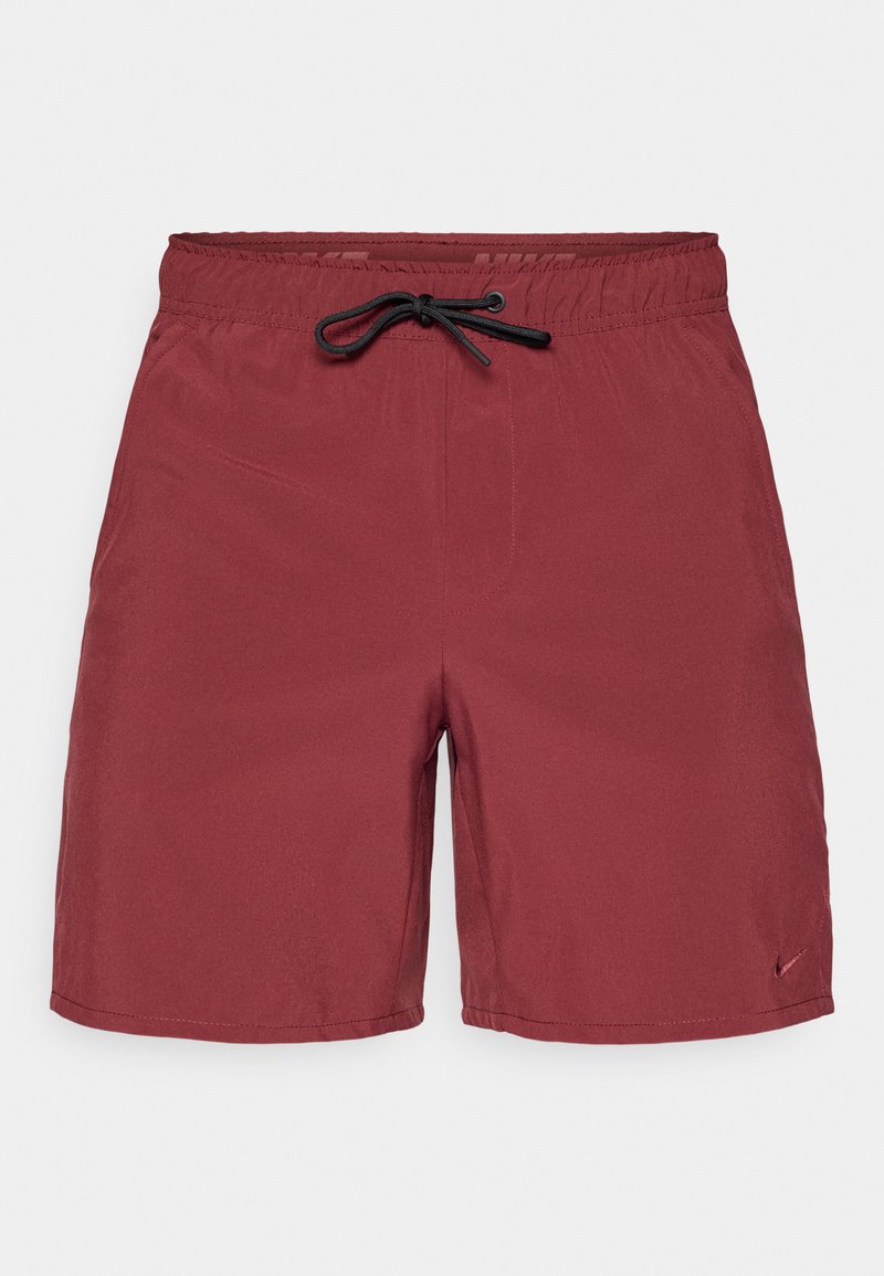 Burgunderfarbene Badehose mit elastischem Bund, schwarzem Kordelzug und Logodetail am unteren Saum. Glattes, leichtes Material.