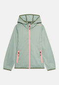 Hellgrüne Jacke mit geometrischem Muster, ausgestattet mit einem pinken Reißverschluss und Akzenten, abnehmbarer Kapuze und zwei vorderen Taschen.