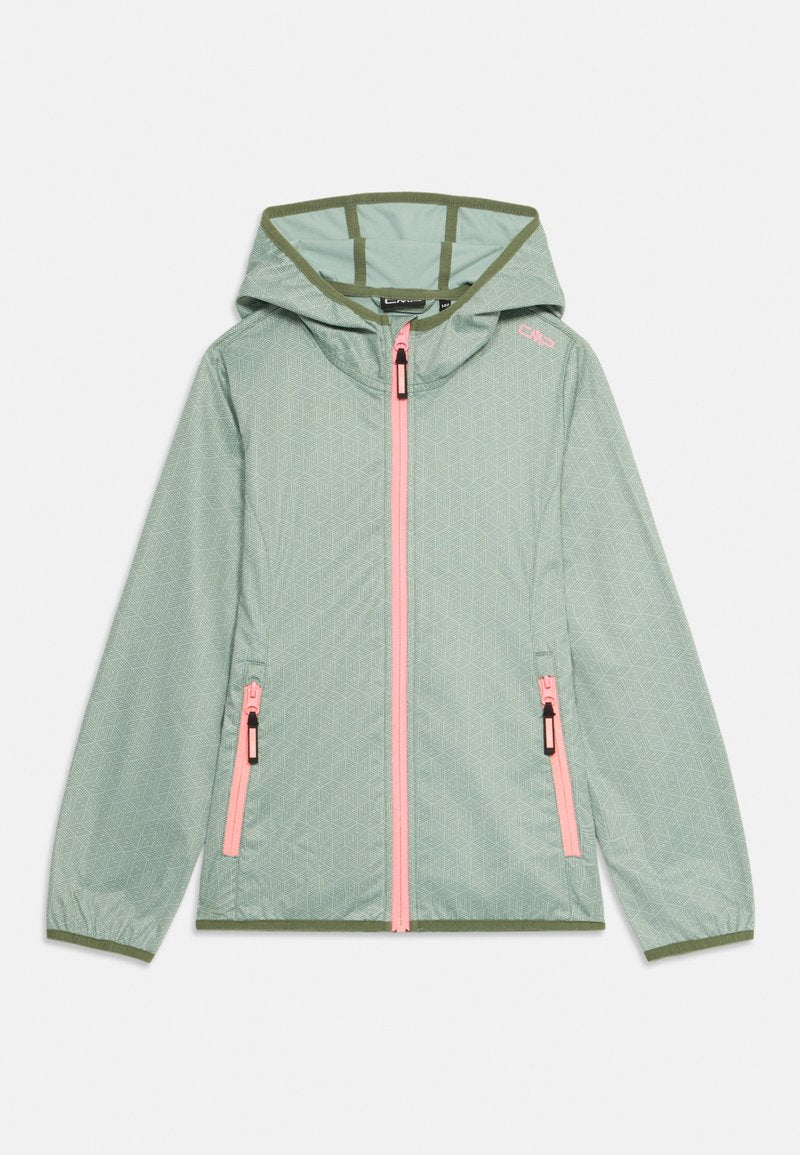 Hellgrüne Jacke mit geometrischem Muster, ausgestattet mit einem pinken Reißverschluss und Akzenten, abnehmbarer Kapuze und zwei vorderen Taschen.