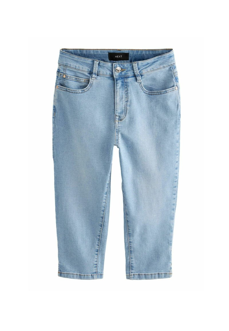Helle blaue Denim-Caprihosen mit mittlerer Bundhöhe, klassischem Fünf-Taschen-Design und minimalen Nähdetails an den Nähten.