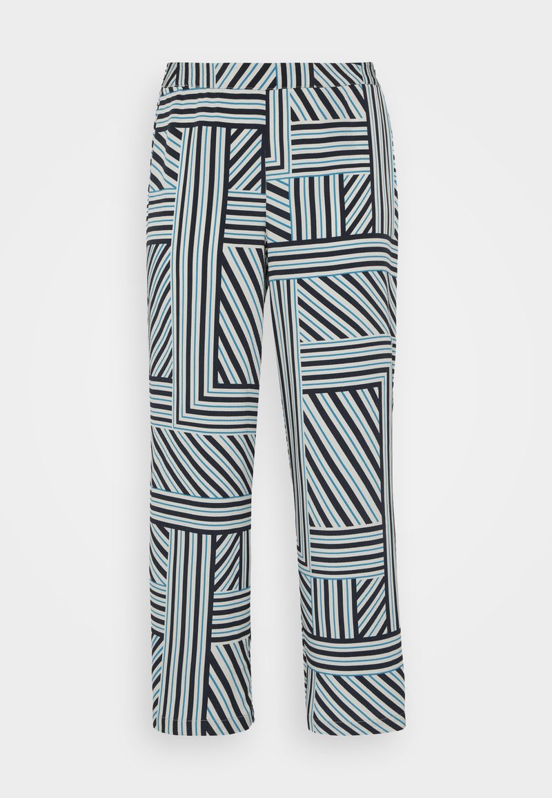 Schwarz-weiße gestreifte Hosen mit einem geometrischen Muster in unterschiedlichen Breiten und Blautönen. Gummibund für zusätzlichen Komfort.