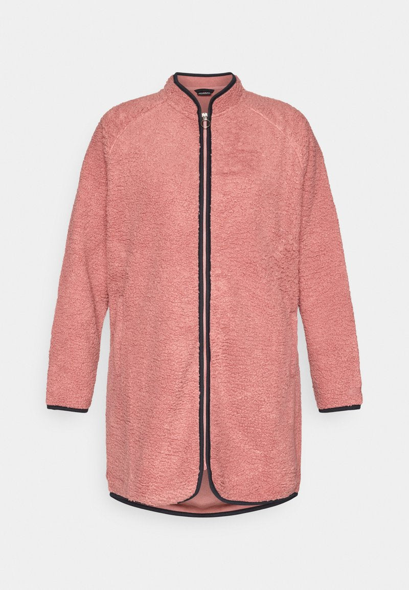 Rosa Fleecejacke mit Reißverschluss, hohem Kragen und navy-blauen Akzenten. Verfügt über eine strukturierte Oberfläche und lange Ärmel.
