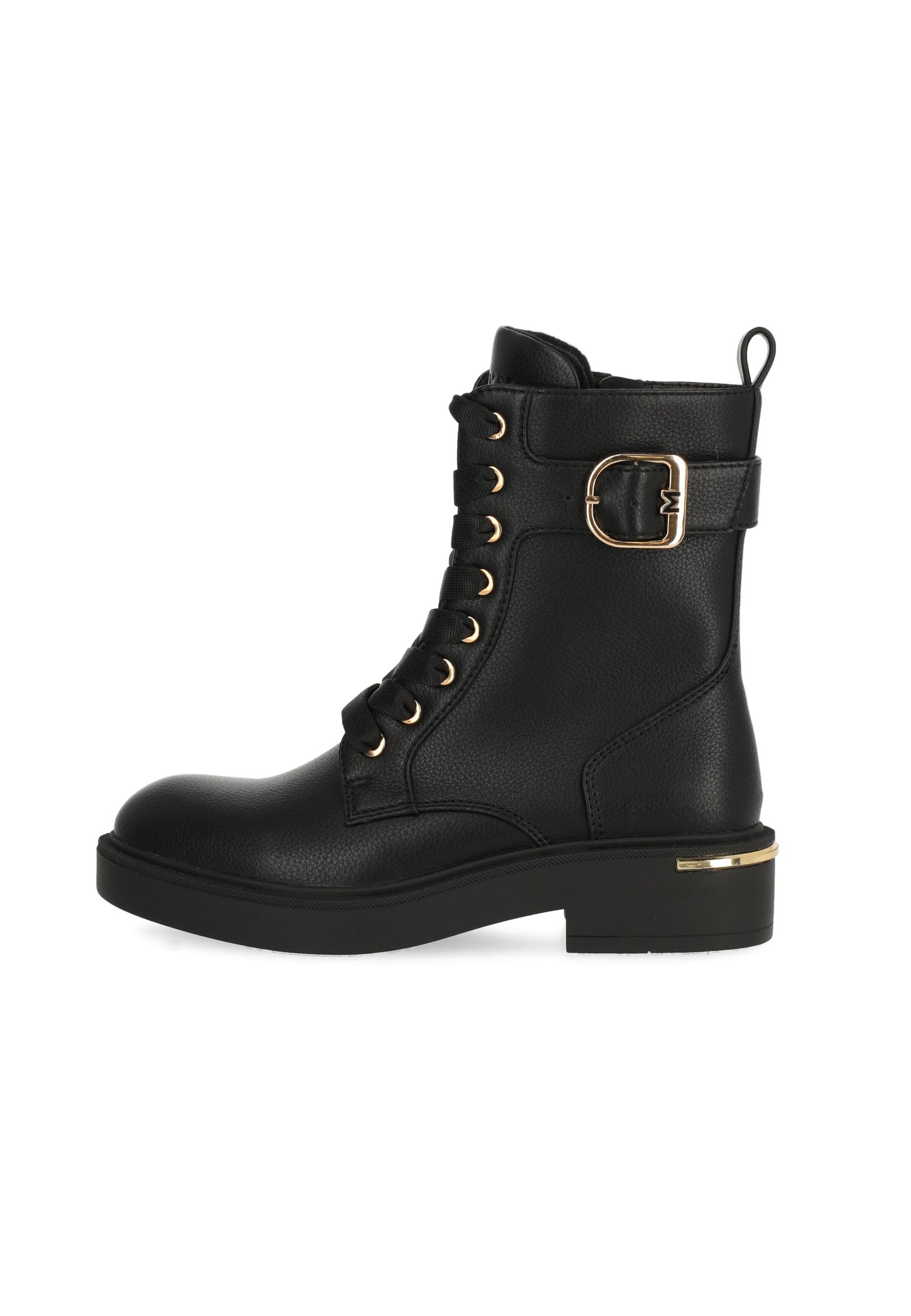 Schwarze Schnürstiefeletten aus Leder mit goldfarbener Hardware, einem seitlichen Schnallenakzent und einer kräftigen Gummisohle mit metallischen Details.