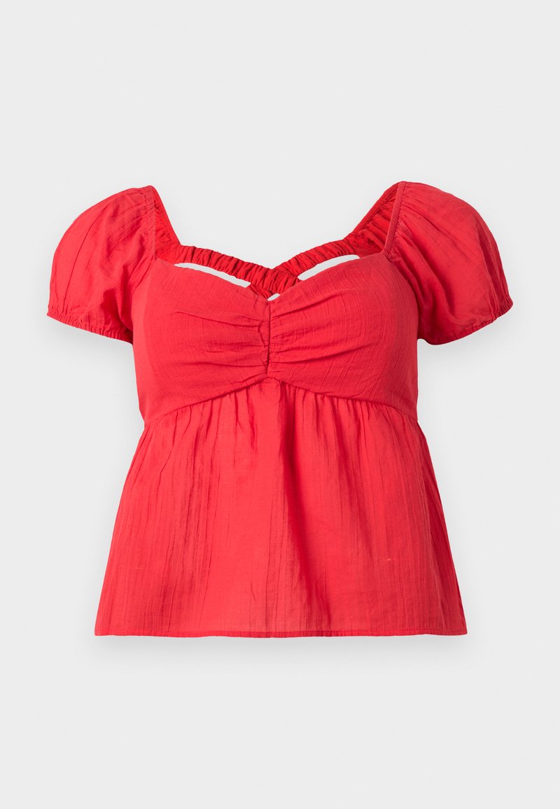 Rote Bluse mit kurzen Puffärmeln, gerafftem Dekolleté, gerafftem Empire-Taille und einem V-förmigen Ausschnitt unterhalb des Halsauschnitts.