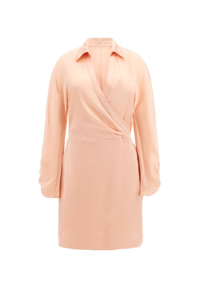 Pfirsichfarbenes Wickelkleid mit langen Ärmeln, Kragen und V-Ausschnitt. Glatter Stoff; knielanger Schnitt; hat eine gebundene Taille für eine figurbetonte Silhouette.