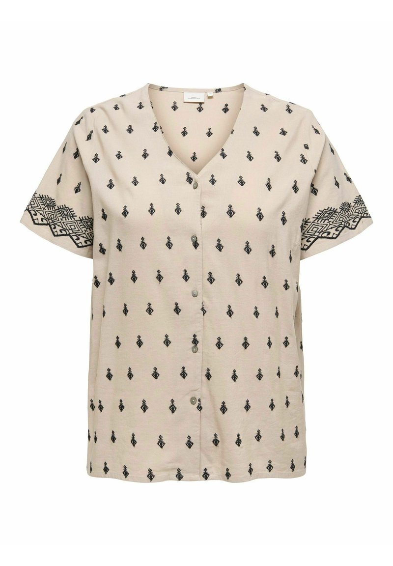 Beige Kurzarmhemd mit V-Ausschnitt, das schwarze geometrische Muster und gestickte Akzente an den Ärmeln aufweist. Mit Knopfleiste.