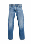 Blaue Jeans aus Denim mit geradem Bein, featuring einen ausgewaschenen Look, fünf Taschen und einem Metallknopfverschluss an der Taille.