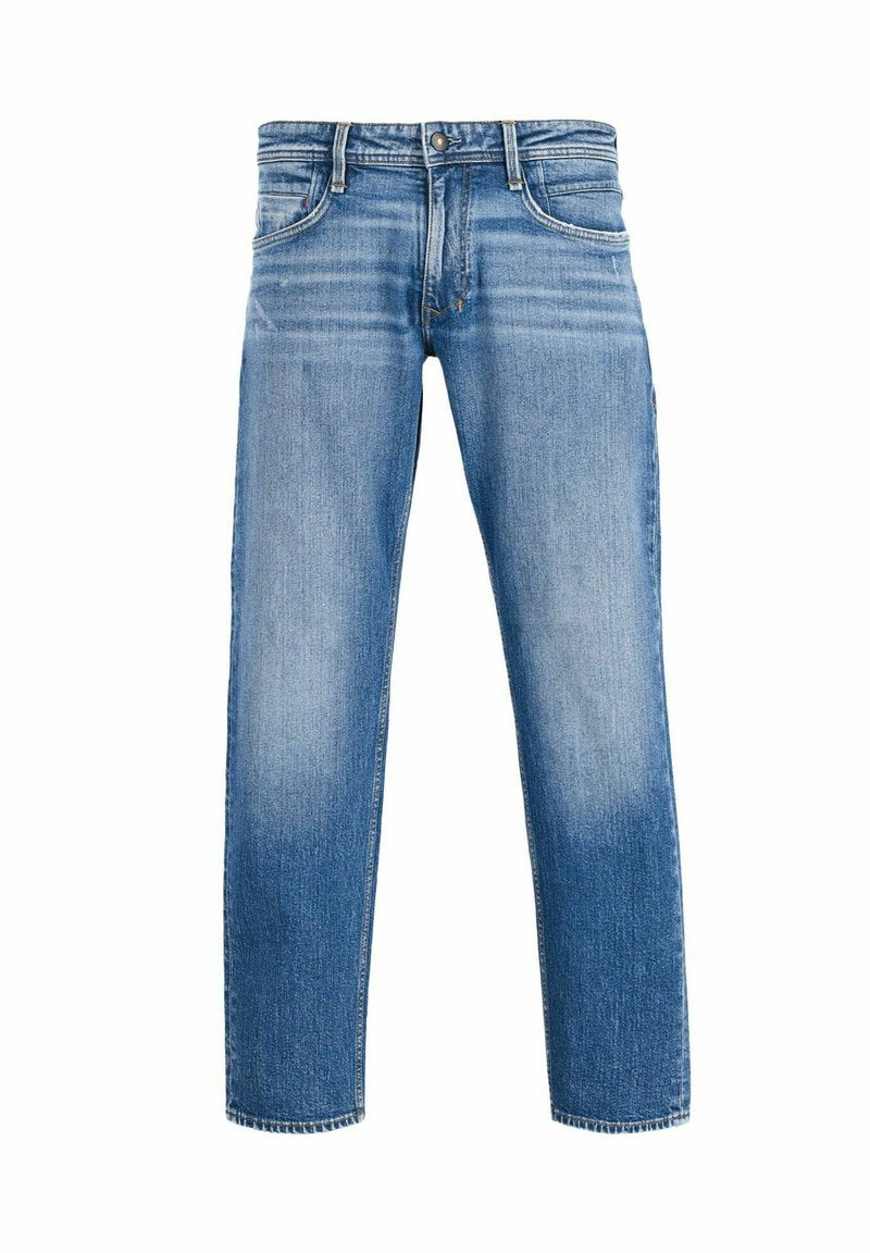 Blaue Jeans aus Denim mit geradem Bein, featuring einen ausgewaschenen Look, fünf Taschen und einem Metallknopfverschluss an der Taille.