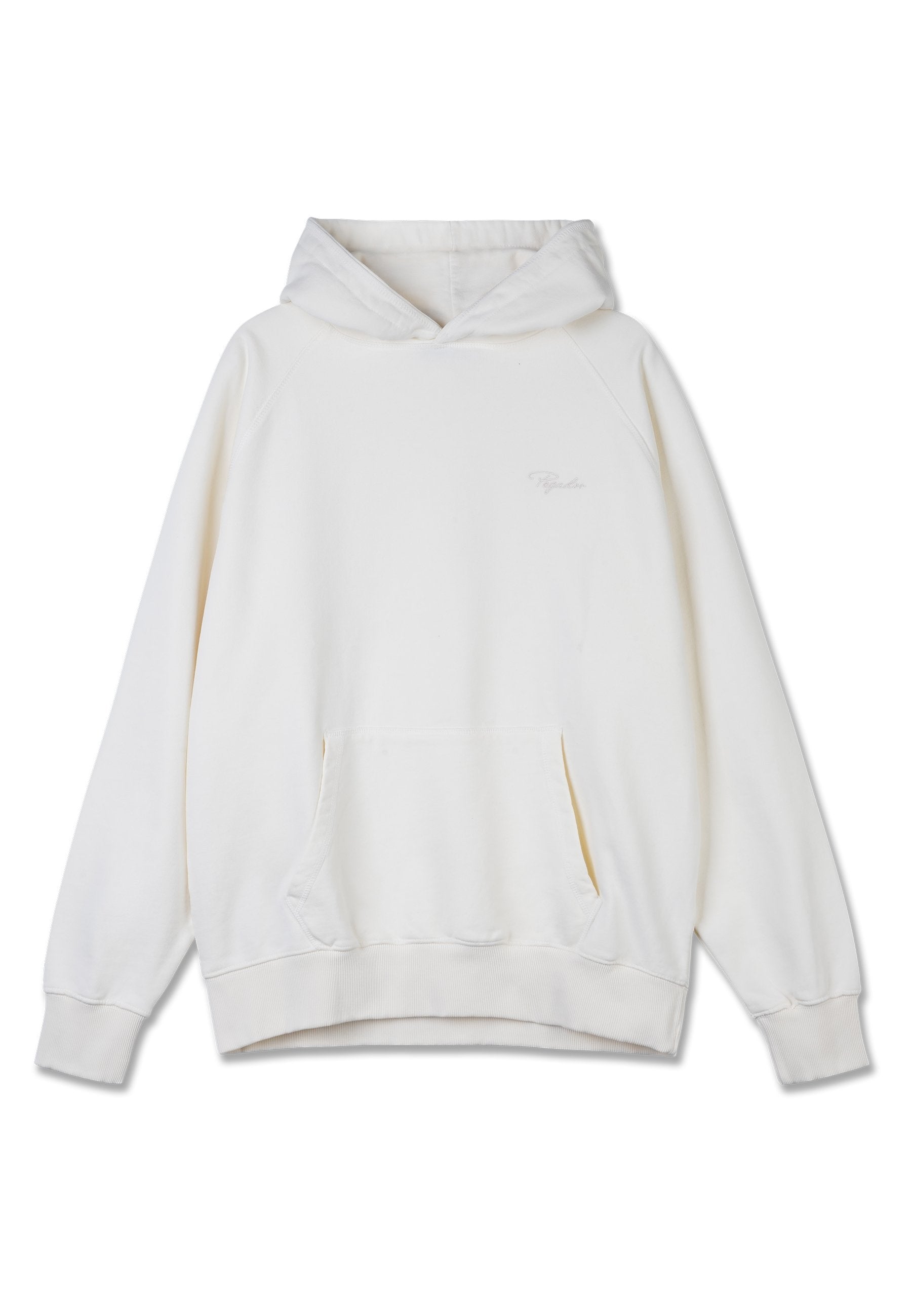 Weiße Kapuzenjacke aus weichem Baumwollmaterial. Verfügt über eine Kängurutasche, gerippte Bündchen und ein gesticktes Logo auf der Brust.