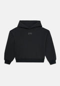 Schwarze, verkürzte Kapuzenjacke mit langen Ärmeln und gerippten Bündchen, mit einem kleinen, zentralen "GAP"-Schriftzug auf der Brust.