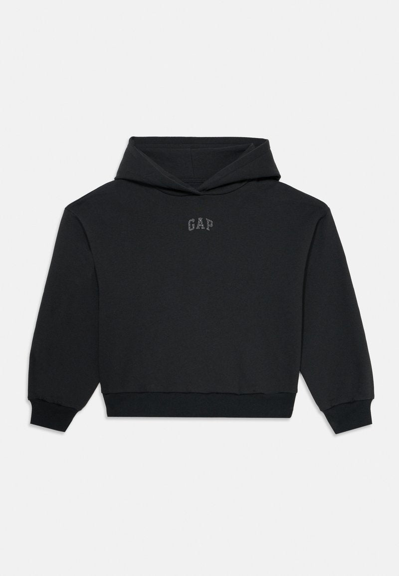 Schwarze, verkürzte Kapuzenjacke mit langen Ärmeln und gerippten Bündchen, mit einem kleinen, zentralen "GAP"-Schriftzug auf der Brust.