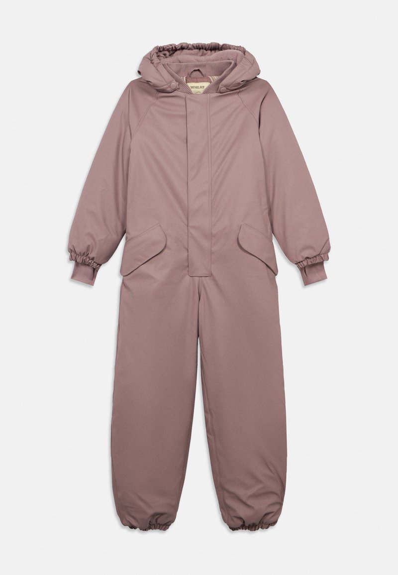 Einschließlich mauvefarbener Overall für Kinder mit Kapuze, elastischen Bündchen, einem Frontreißverschluss, der von einer Klappe verborgen wird, und zwei Taschen mit Klappen an den Hüften.