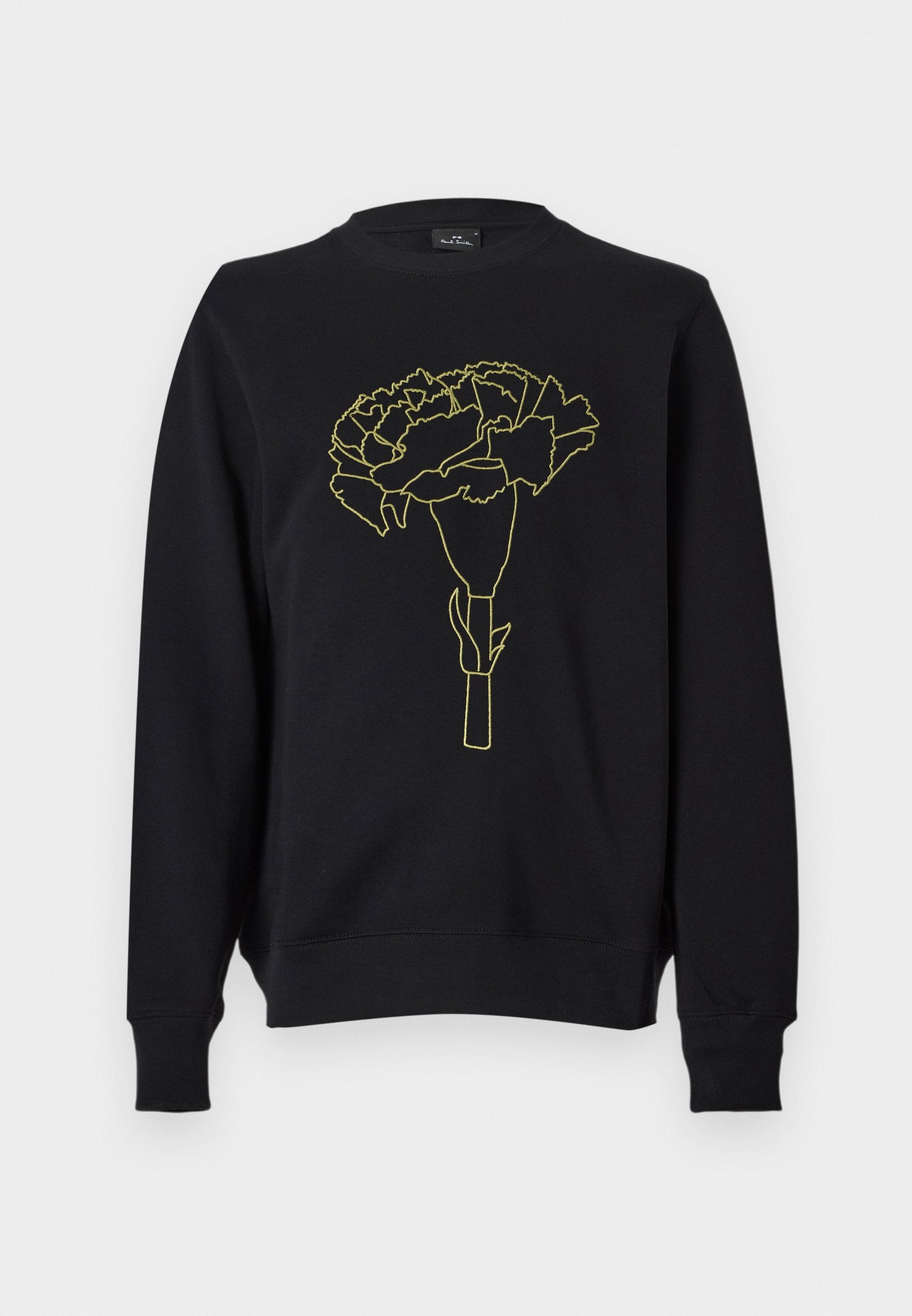Schwarzer Pullover mit einer gelben Linienzeichnung einer Nelkenblume auf der Vorderseite. Er hat einen Rundhalsausschnitt und lange Ärmel.