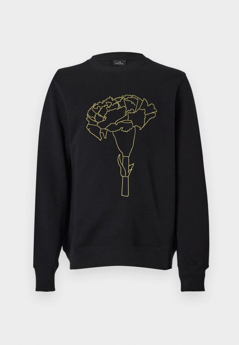Schwarzer Pullover mit einer gelben Linienzeichnung einer Nelkenblume auf der Vorderseite. Er hat einen Rundhalsausschnitt und lange Ärmel.