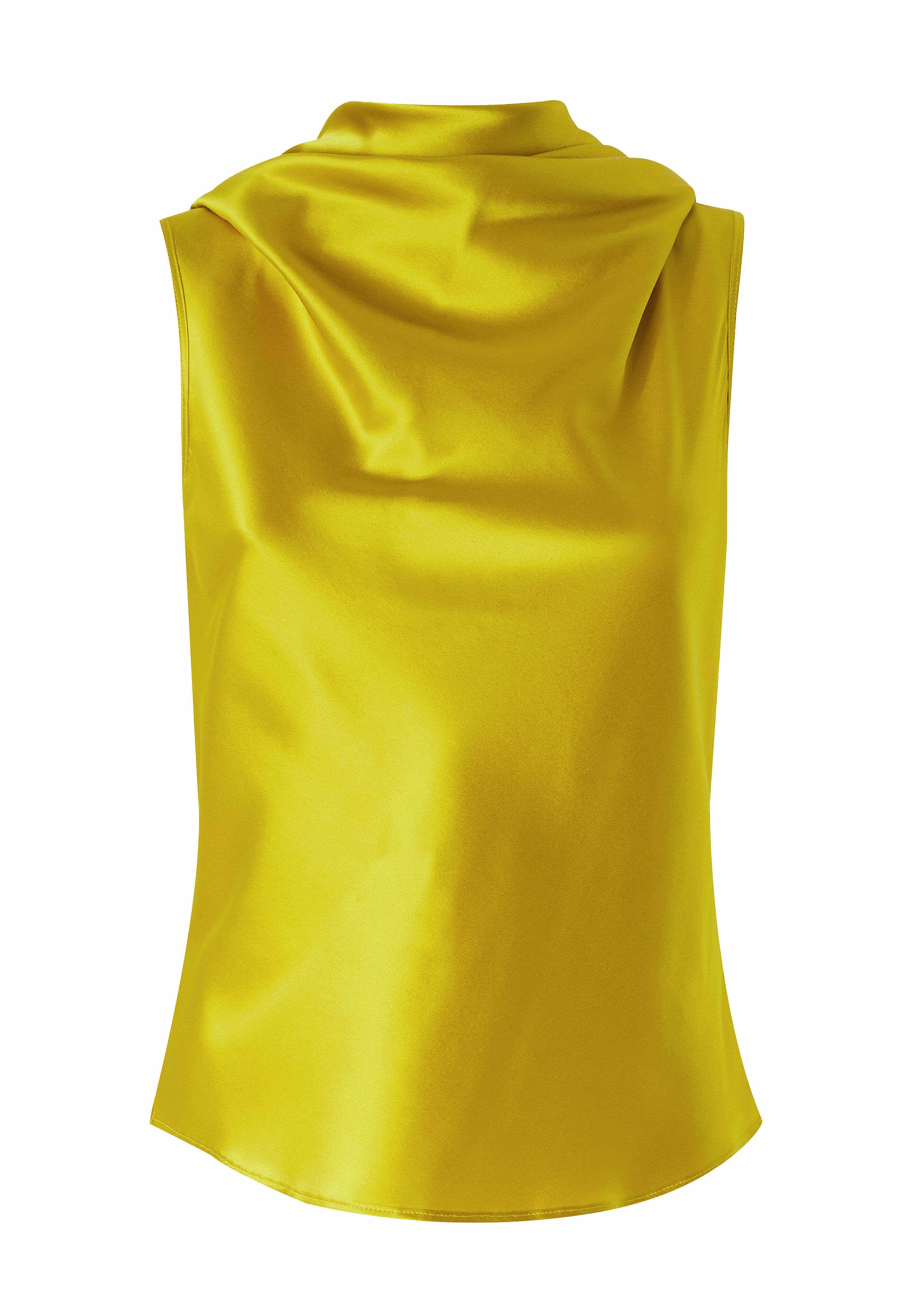 Ärmellose gelbe Bluse aus glattem Satin, mit einem drapierten Ausschnitt und einem abgerundeten Saum, der einen leicht lockeren Schnitt bietet.