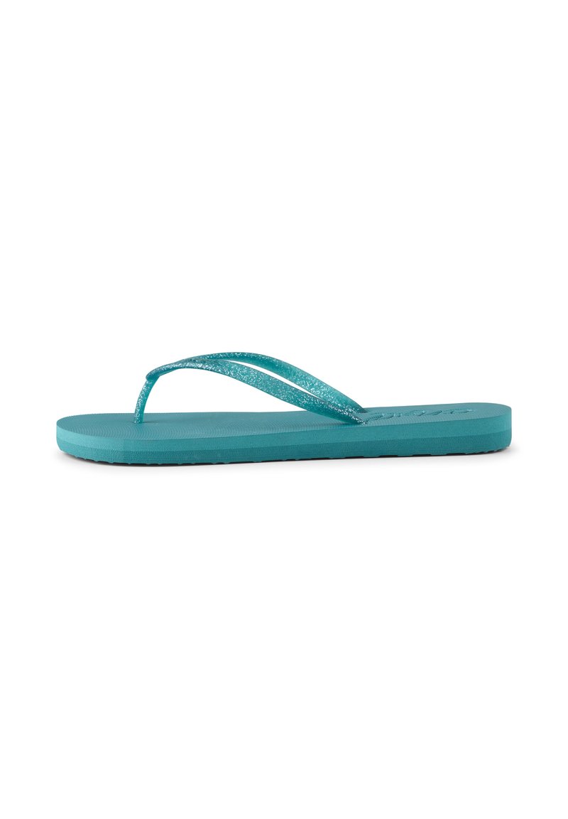 Türkisfarbene Flip-Flops mit strukturiertem Sohlenprofil, dünnen Riemen und einem glitzernden Akzent auf den Riemen. Flaches Design, leichtes Material.