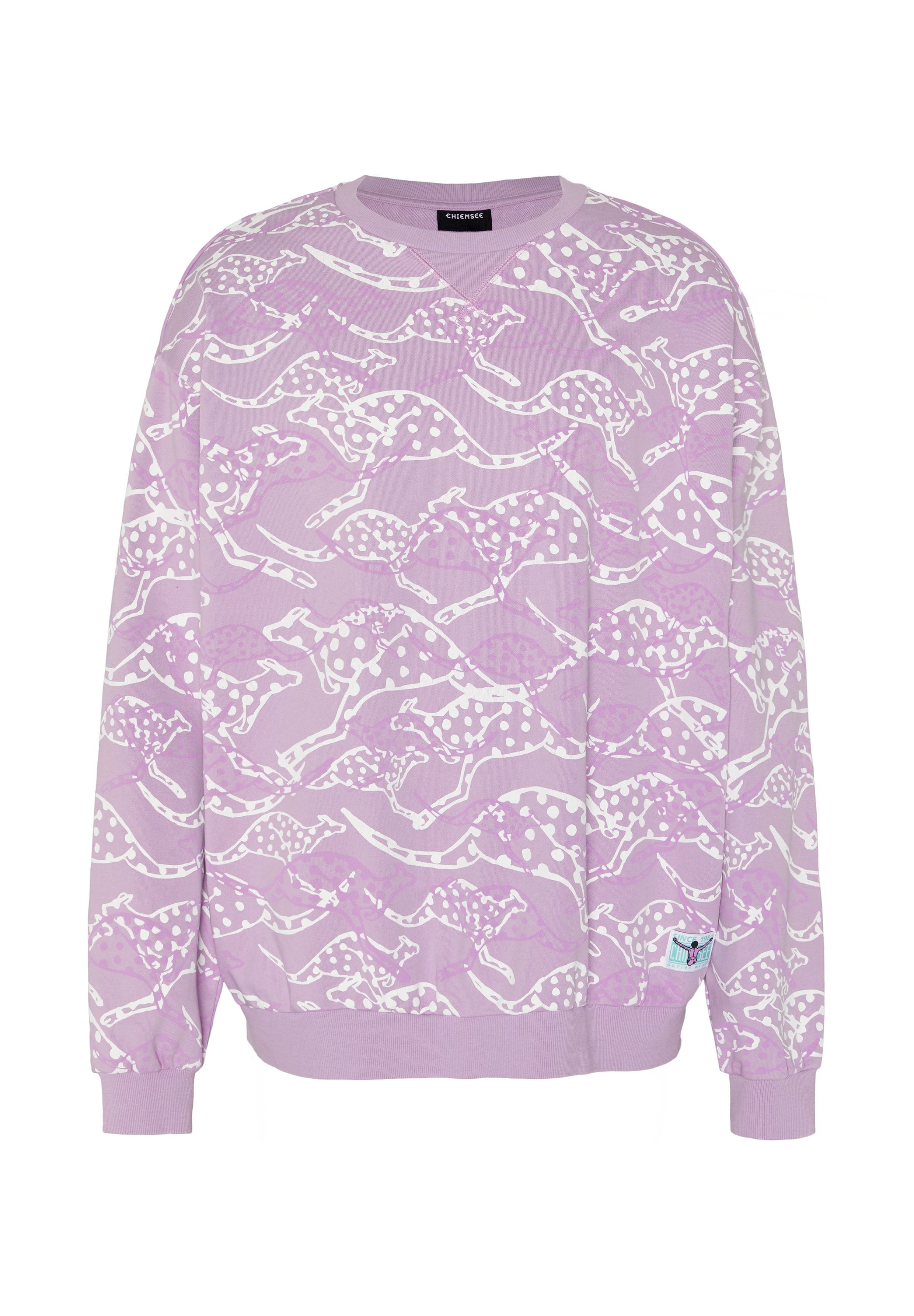 Hellvioletter Pullover mit weißem und dunkler violett geflecktem Muster eines laufenden Windhunds, gerippte Bündchen und Saum sowie ein kleines Etikett am Saum.