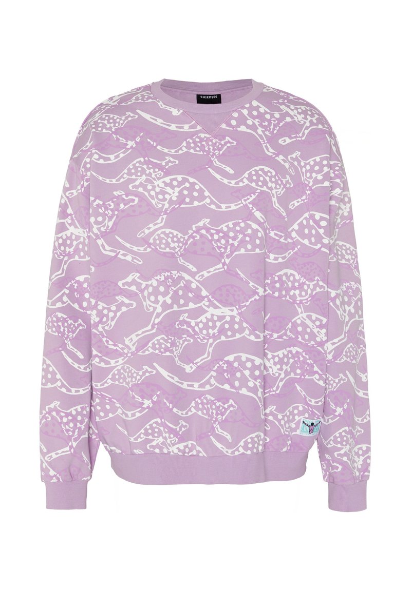 Hellvioletter Pullover mit weißem und dunkler violett geflecktem Muster eines laufenden Windhunds, gerippte Bündchen und Saum sowie ein kleines Etikett am Saum.