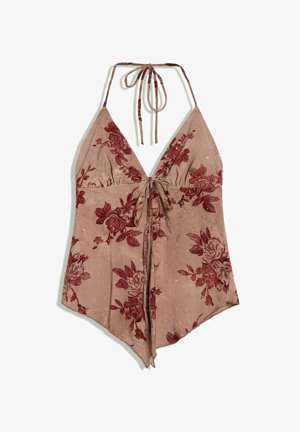 Bershka FLORAL RHINESTONE - STRAPPY TOP - Top - dark brown