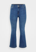 Helle blaue ausgestellte Jeans mit hoher Taille, ausgestattet mit zwei Vordertaschen, einem Knopfverschluss und einem strukturierten Stoff mit dezenten Ausbleichungen.