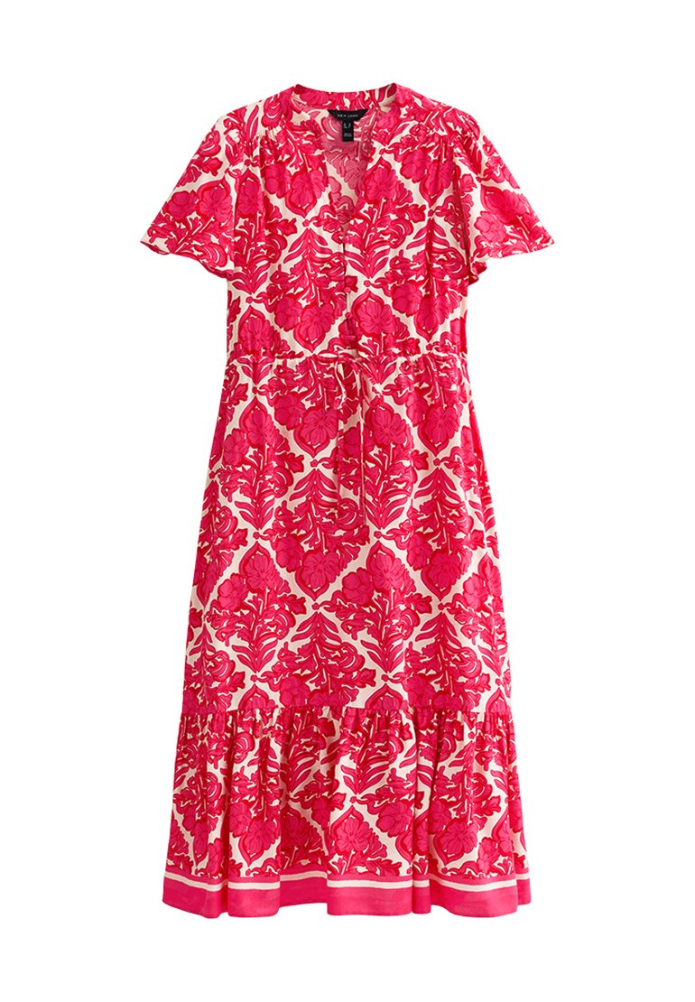 Rosa gemustertes Kleid mit floralem Design auf cremefarbigem Hintergrund, mit kurzen Ärmeln, tailliertem Schnitt und ausgestellt geschnittenem Saum.