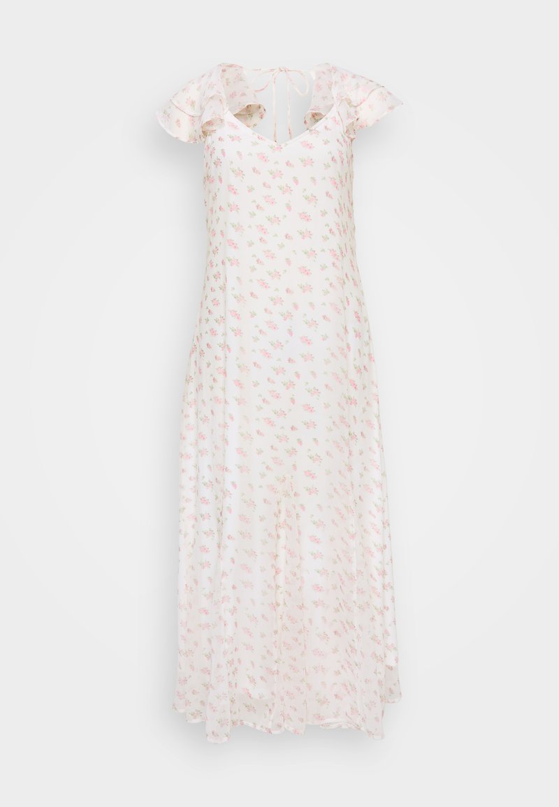 Blumiges Maxikleid aus leichtem Stoff; mit kurzen Rüschensäumen, V-Ausschnitt und zarten rosa Rosenmustern auf weißem Hintergrund.