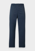 Marineblaue, leichte Hose mit elastischem Bund und geraden Beinen. Glatte Textur ohne sichtbare Muster oder Akzente.