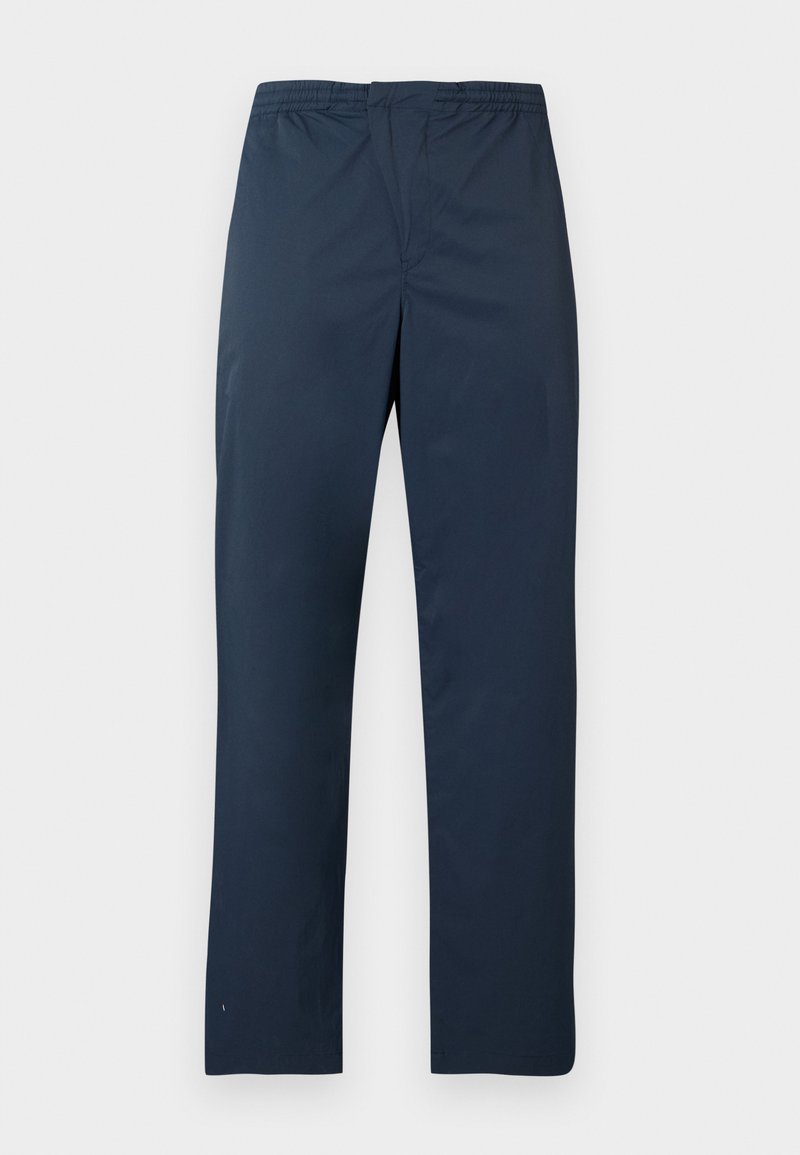 Marineblaue, leichte Hose mit elastischem Bund und geraden Beinen. Glatte Textur ohne sichtbare Muster oder Akzente.