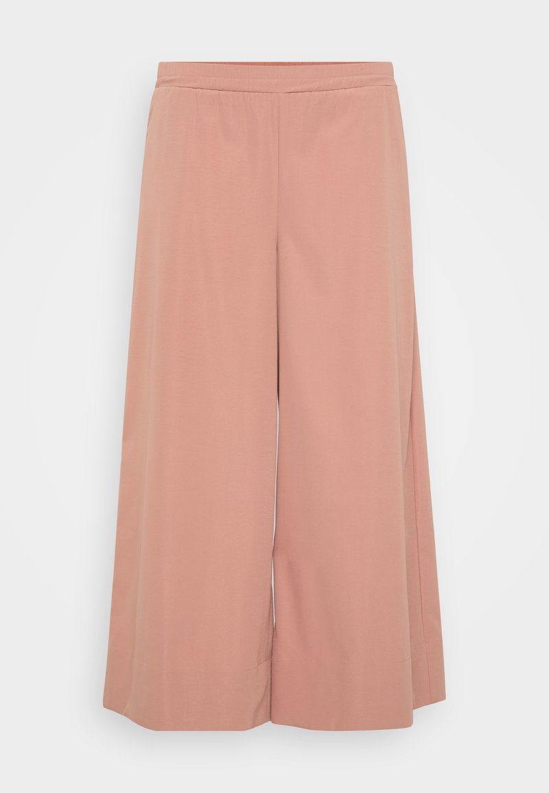 Helle rosa weite Hosen mit elastischem Bund, glatter Textur und entspannter Passform, die durch klare Linien und keine sichtbaren Verschlüsse besticht.