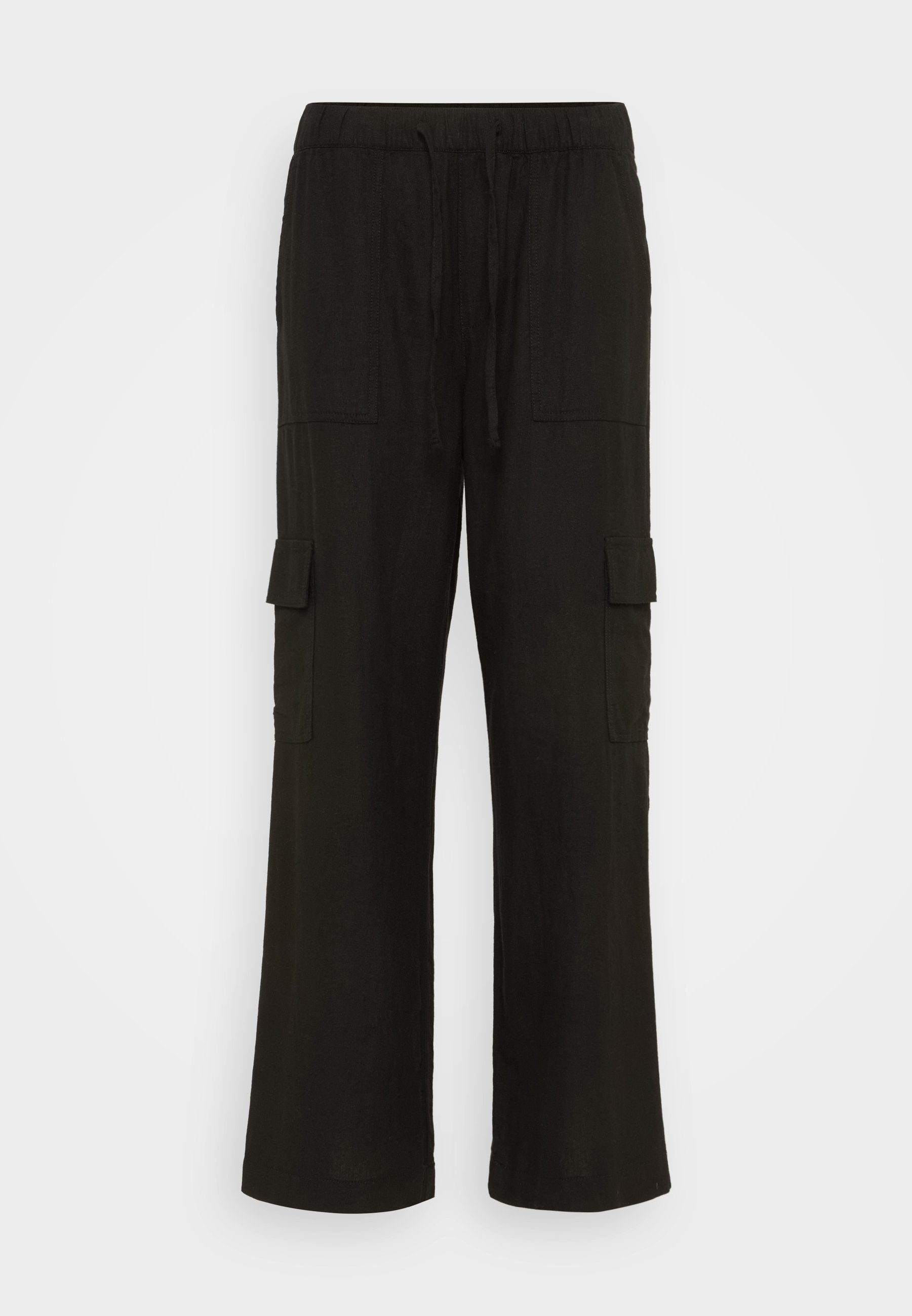 Schwarze Cargo-Hosen mit relaxed Fit, aus leichtem Stoff, mit zwei Seitentaschen und einem elastischen Bund mit Kordelzug.