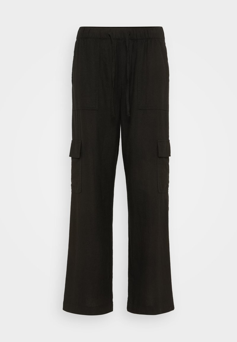 Schwarze Cargo-Hosen mit relaxed Fit, aus leichtem Stoff, mit zwei Seitentaschen und einem elastischen Bund mit Kordelzug.