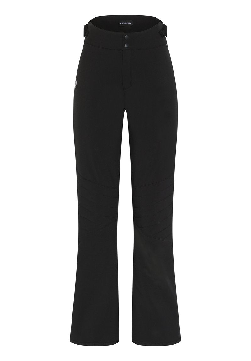 Schwarze Outdoor-Hosen mit einem Bund, zwei Knöpfen und strukturierten Knietafeln. Das Material ist glatt mit leichtem Stretch für zusätzlichen Komfort.
