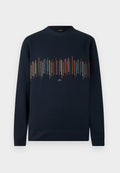 Marineblauer Langarm-Sweatshirt mit mehrfarbigen, vertikal gesteppten Linien über der Brust sowie gerippten Bündchen und Saum.