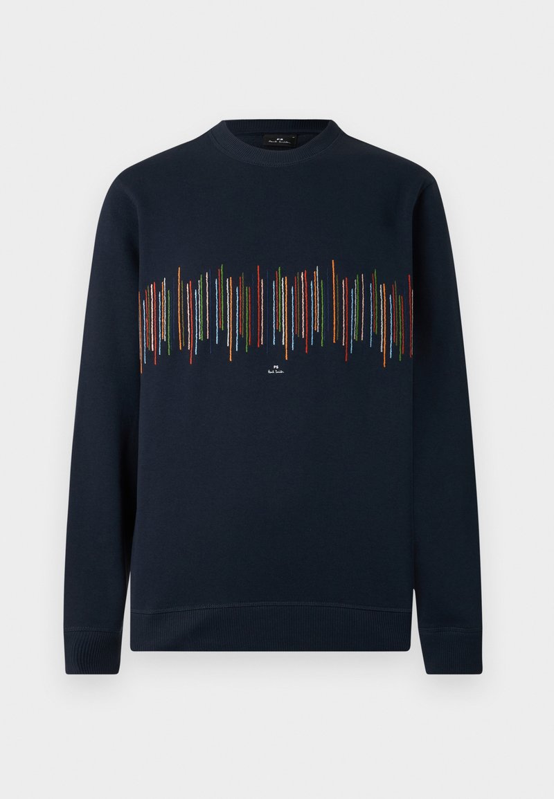 Marineblauer Langarm-Sweatshirt mit mehrfarbigen, vertikal gesteppten Linien über der Brust sowie gerippten Bündchen und Saum.
