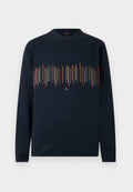 Marineblauer Langarm-Sweatshirt mit mehrfarbigen, vertikal gesteppten Linien über der Brust sowie gerippten Bündchen und Saum.