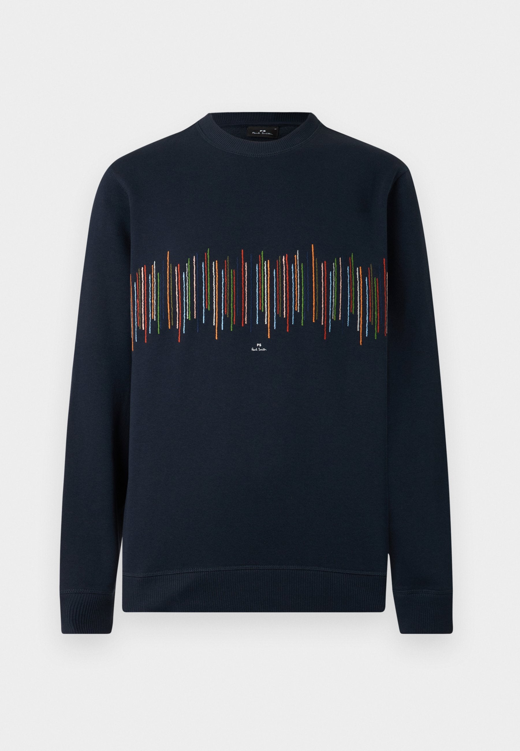 Marineblauer Langarm-Sweatshirt mit mehrfarbigen, vertikal gesteppten Linien über der Brust sowie gerippten Bündchen und Saum.