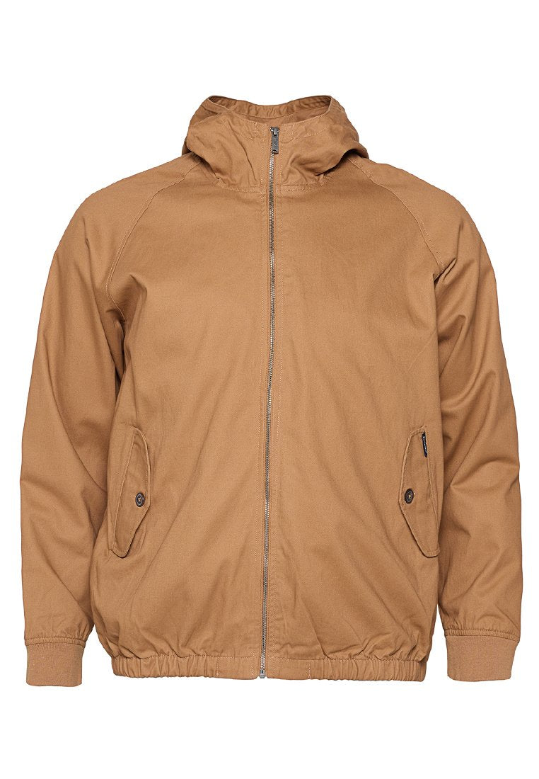 Braune Kapuzenjacke mit durchgehendem Reißverschluss, zwei seitlichen Taschen mit Knopfverschluss, elastischem Bund und leichtem Stoff.