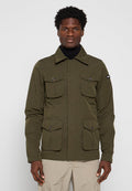 Olivengrüne, leichte Jacke mit Kragen, vier Fronttaschen und Knopfverschlüssen. Verfügt über eine glatte, matte Textur.