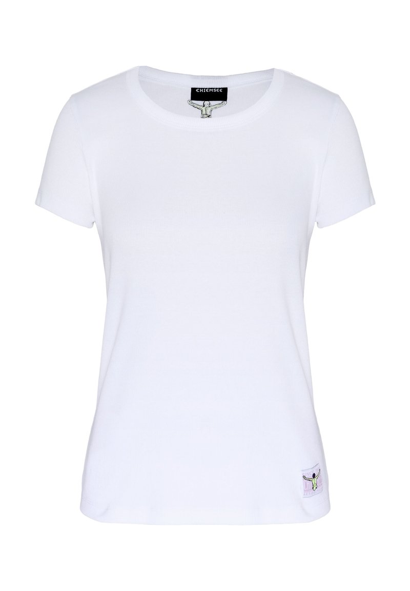 Weißes T-Shirt mit kurzen Ärmeln und Rundhalsausschnitt, mit kleinem grafischem Logo nahe dem Saum und Markenetikett innen am Halsausschnitt.
