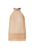 Beige, durchsichtiger Neckholder mit passgenauer Kragenverzierung aus dekorativen silbernen Nieten, geradem Saum und glatter Textur.