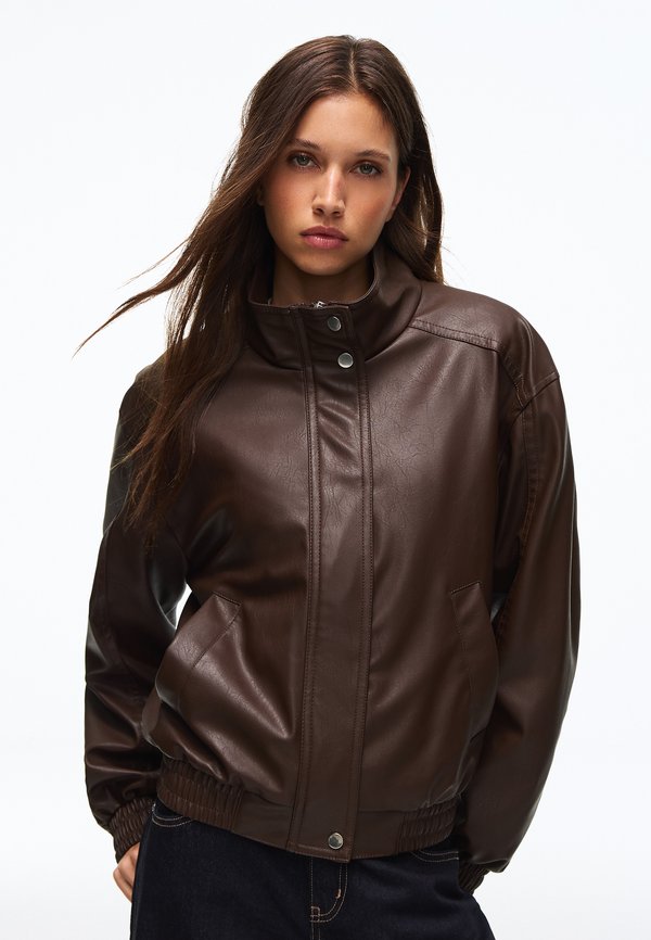 Bershka Faux leather jacket - dark brown